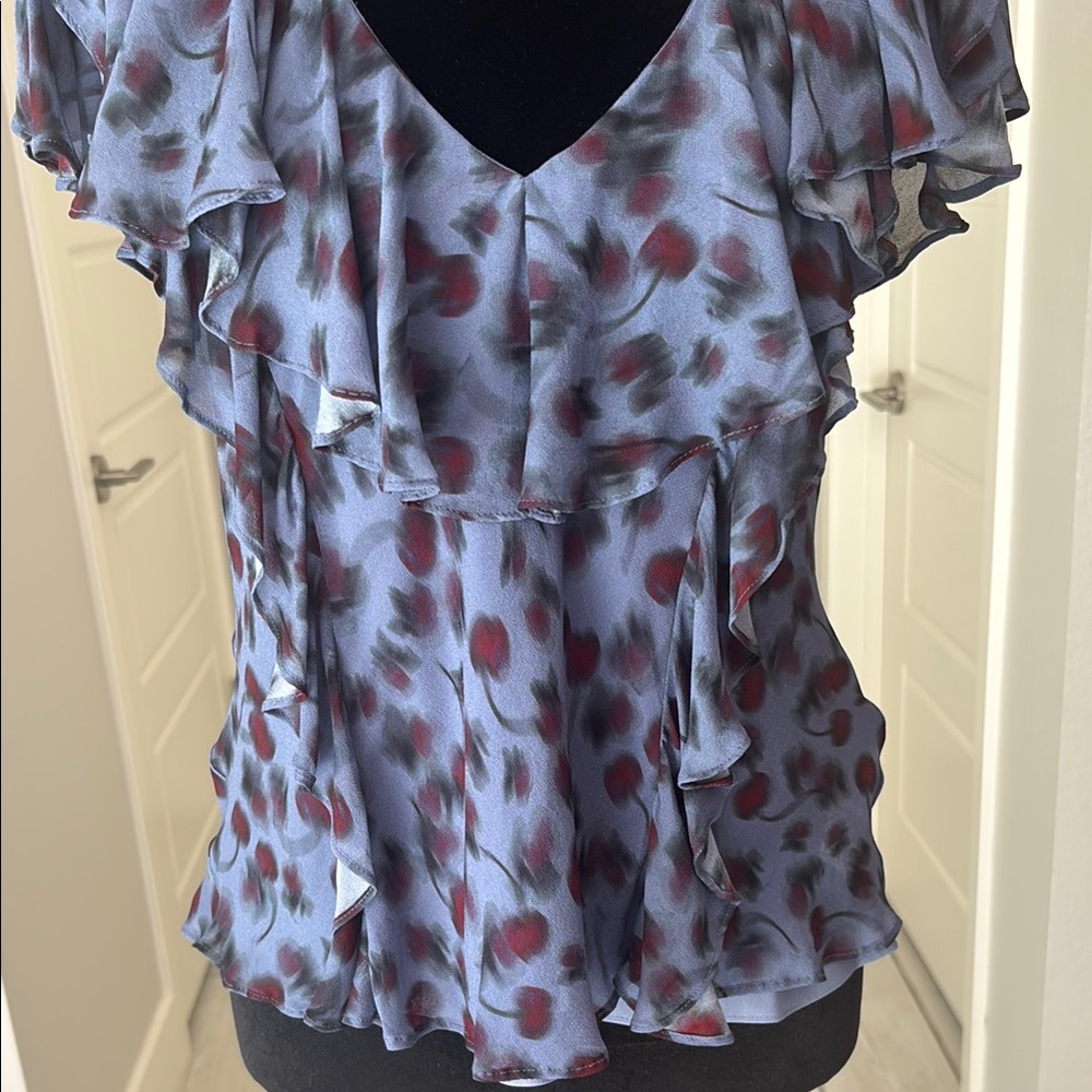 J. Crew Ruffled Chiffon Cap Sleeve Blouse Blue Grey with Cherry Print Size XS - Picture 5 of 10